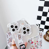 Crossbody Case Compatible with iPhone 11 12 13 14 15 Phone Case Cute Flowers Bear Camera Protector Clear Case with Lanyard Cord Strap Shockproof Cover