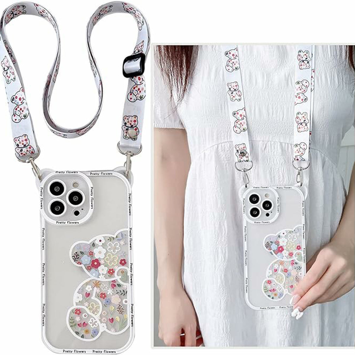 Crossbody Case Compatible with iPhone 11 12 13 14 15 Phone Case Cute Flowers Bear Camera Protector Clear Case with Lanyard Cord Strap Shockproof Cover