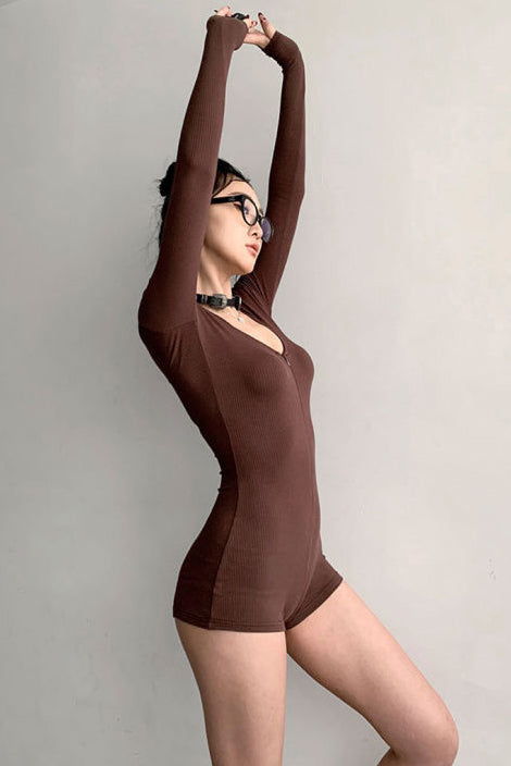 Casual Women Long Sleeve Zip Tight Bodysuit