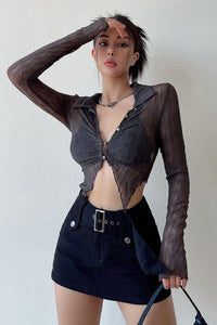 Sexy Women Long Sleeve Cardigan Crop Shirt Top