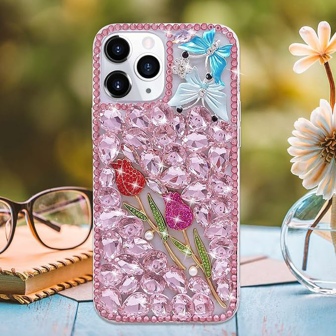 Compatible With Iphone Women Girl Glitter Diamond Case Luxury Bling Butterfly Rose Sparkly Rhinestone Pearl Crystal Bumper Soft Silicone Rubber Protective Cover Case