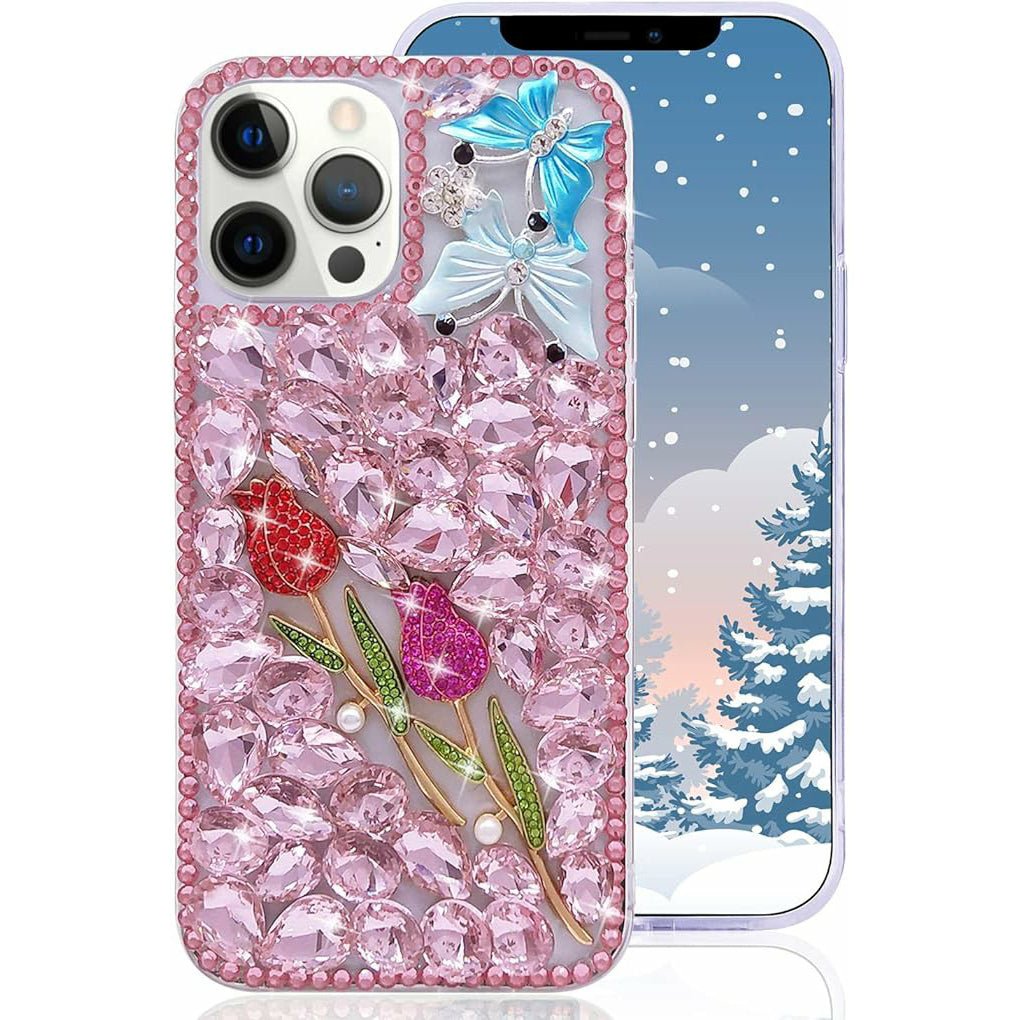 Compatible With Iphone Women Girl Glitter Diamond Case Luxury Bling Butterfly Rose Sparkly Rhinestone Pearl Crystal Bumper Soft Silicone Rubber Protective Cover Case