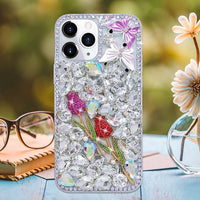 Compatible With Iphone Women Girl Glitter Diamond Case Luxury Bling Butterfly Rose Sparkly Rhinestone Pearl Crystal Bumper Soft Silicone Rubber Protective Cover Case