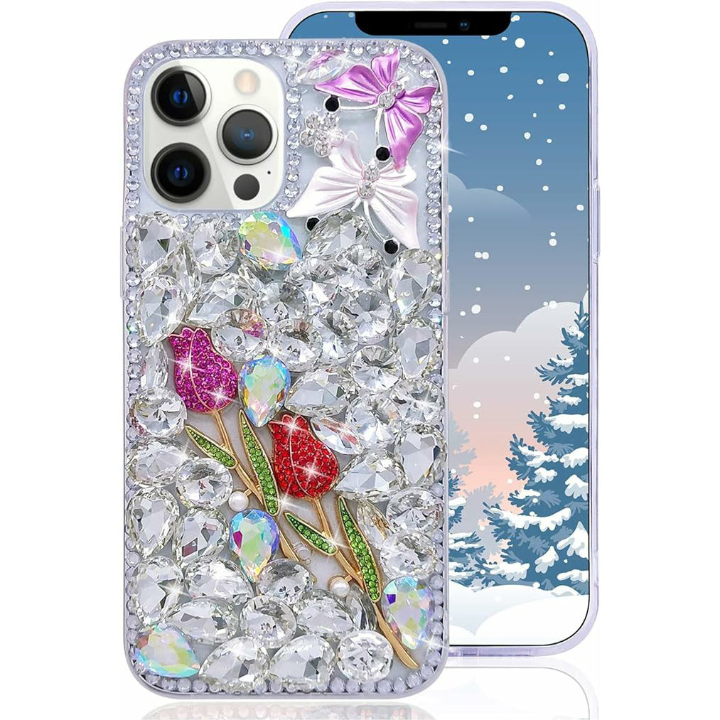 Compatible With Iphone Women Girl Glitter Diamond Case Luxury Bling Butterfly Rose Sparkly Rhinestone Pearl Crystal Bumper Soft Silicone Rubber Protective Cover Case