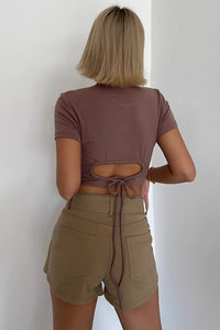 Round Neck Tie Back Backless Tops