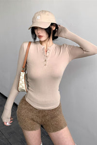 Women Fashion Buttons Neck Long Sleeve Top Tee