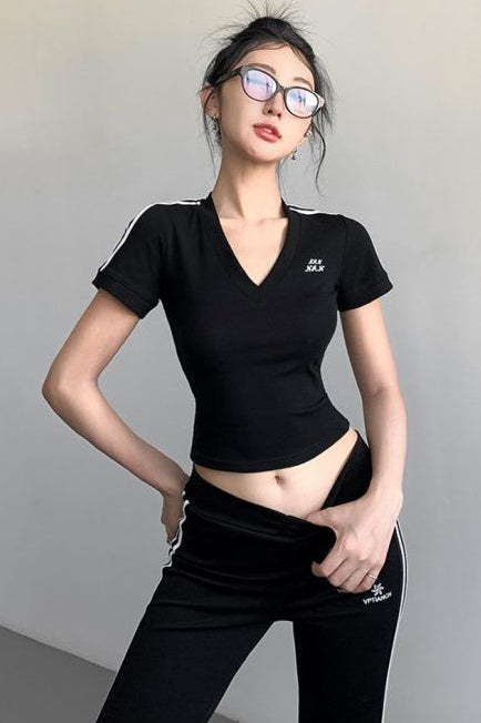 Fashion Women V-Neck Short Sleeve Top Tee