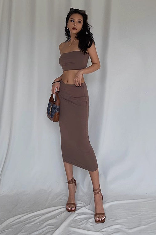 Outfit Crop Bandeau Tube Top and Bodycon Skirt Two Piece Set