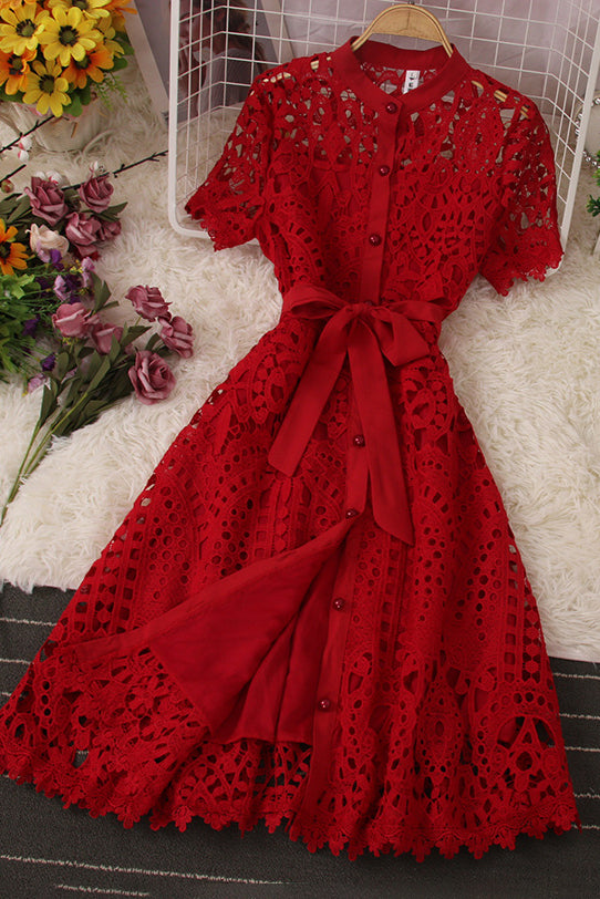 Fashion Women Lace Hollow Short Sleeve Buttons Maxi Dress