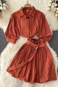 Fashion Women Short Sleeve Shirt Tops Pleated Skirt Set Two-Piece