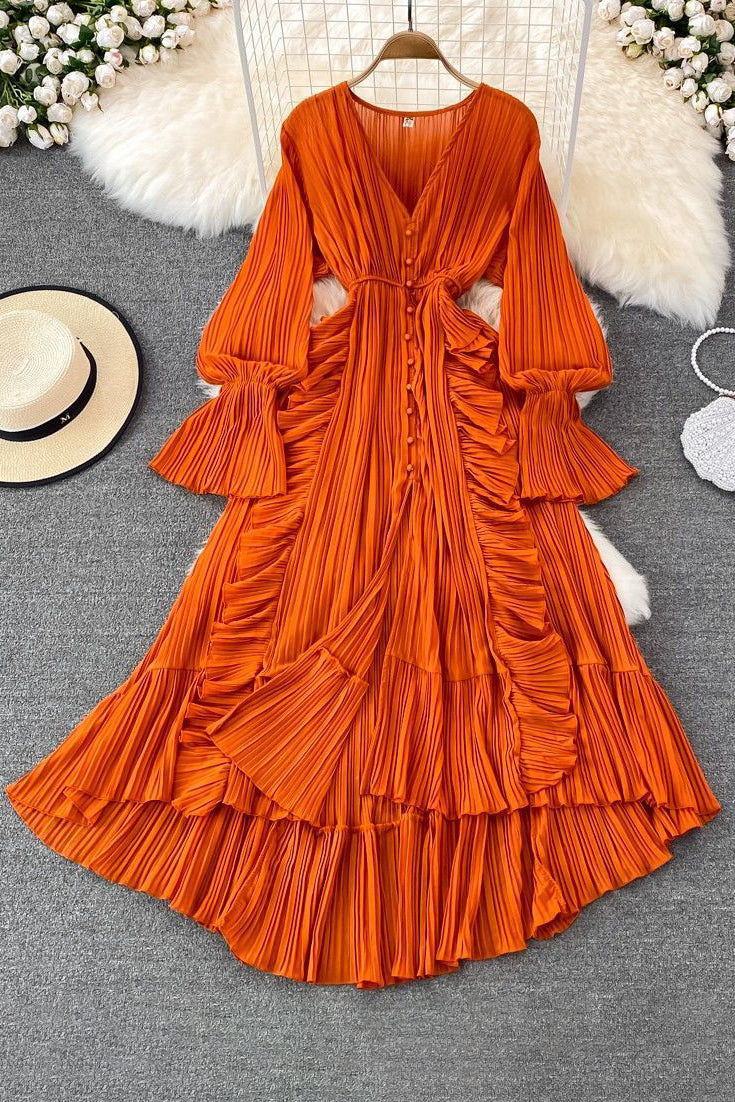 Fashion Women Lace Pleated Long Sleeve High Waist Maxi Dress