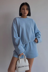 Solid Long Sleeve Sweater Sweatshirt and Drawstring Waist Short Two Piece Set