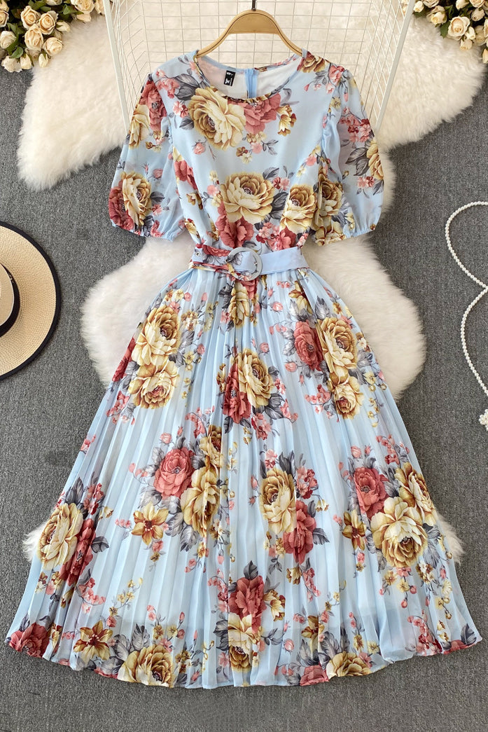 Fashion Women Flower Print Short Sleeve Pleated Dress