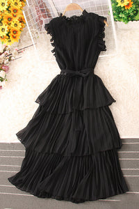 Fashion Women Lace Sleeveless Pleated Maxi Dress