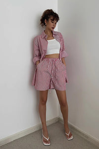 Striped Print Outwear Shirts and Drawstring Waist Shorts Two Piece Set