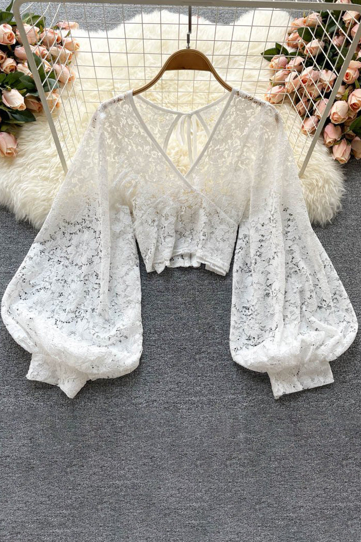 Sexy Women Lace Hollow Long Sleeve Crop Tops