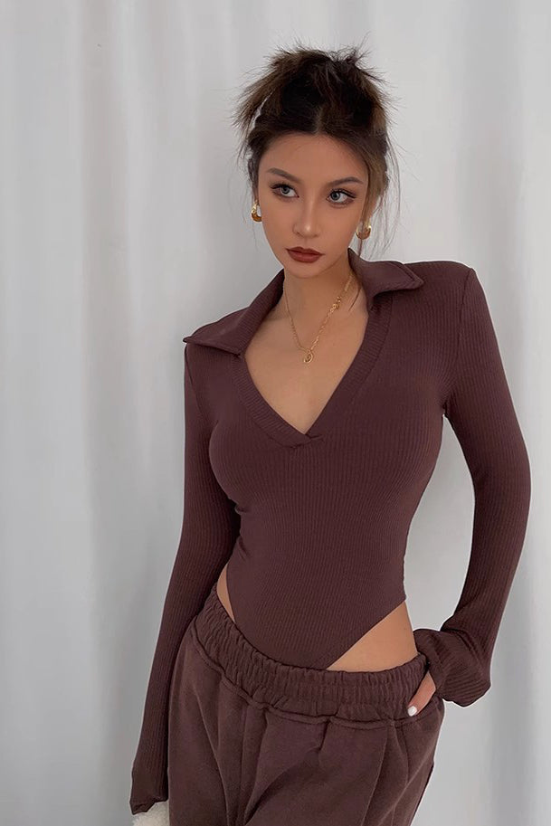 Women's Long Sleeve Warp V Neck Fitted Jumpsuit