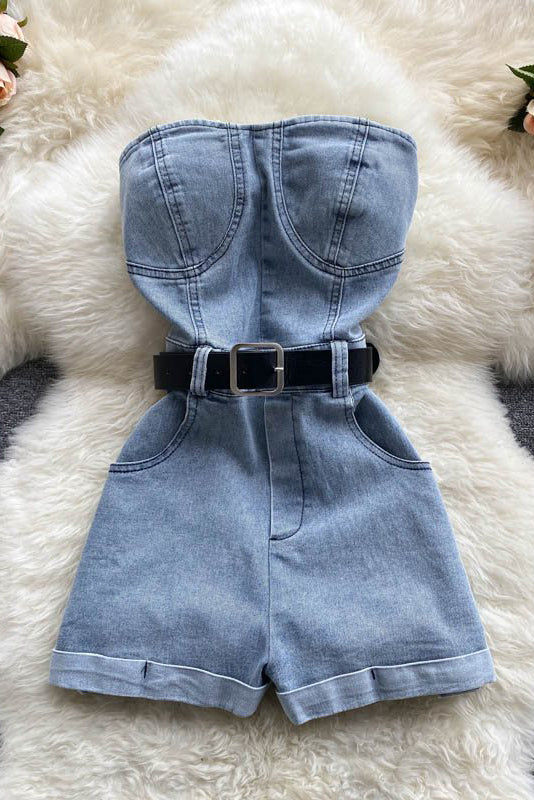 Fashion Women Strapless Denim Romper Jumpsuit