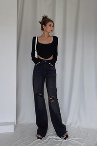 Ripped Slant Pocket Straight Leg Jeans