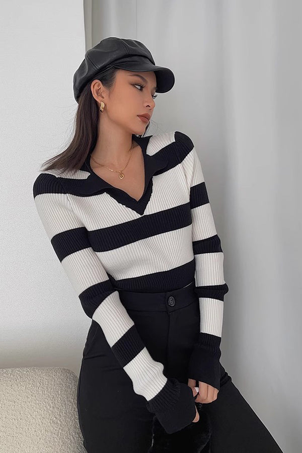 Women's Striped Printed Ribbed Long Sleeve Sweater Sweatshirt