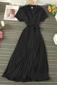 Fashion Women V-Neck Short Sleeve Strappy Pleated Maxi Dress