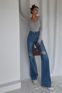 Ripped Pocket Side Straight Leg Jeans
