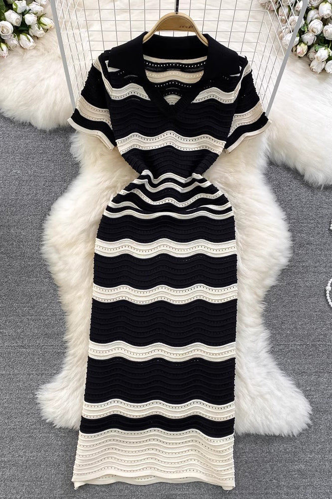 Fashion Women Wave Stripe V-Neck Short Sleeve Maxi Dress