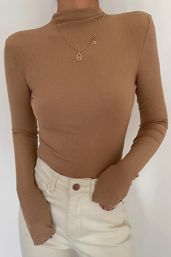 Women's Ribbed Mock Neck Fitted Tops Shirt