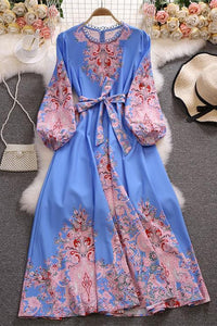 Retro Women Floral Long Sleeve Strappy Dress