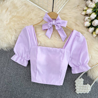 Sexy Women Bow Square Neck Short Sleeve Crop Top