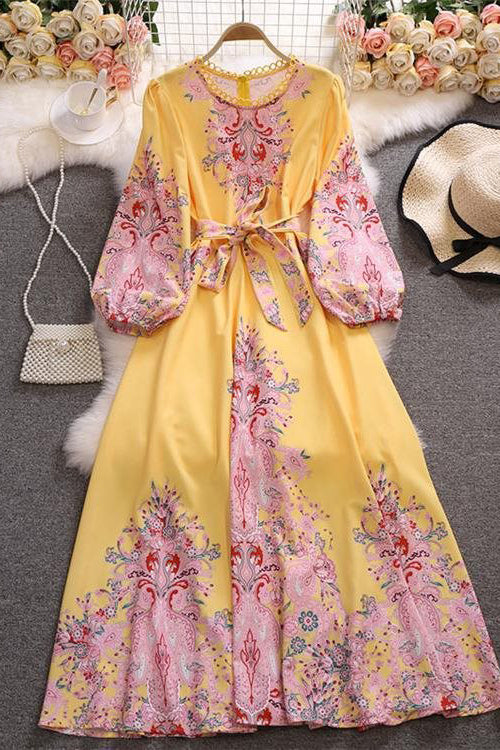 Retro Women Floral Long Sleeve Strappy Dress