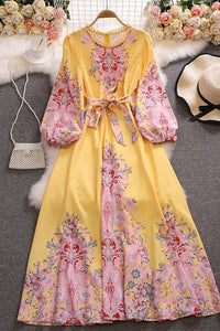 Retro Women Floral Long Sleeve Strappy Dress