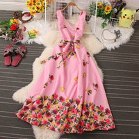 Fashion Women Flower Print Sleeveless Strappy Maxi Dress