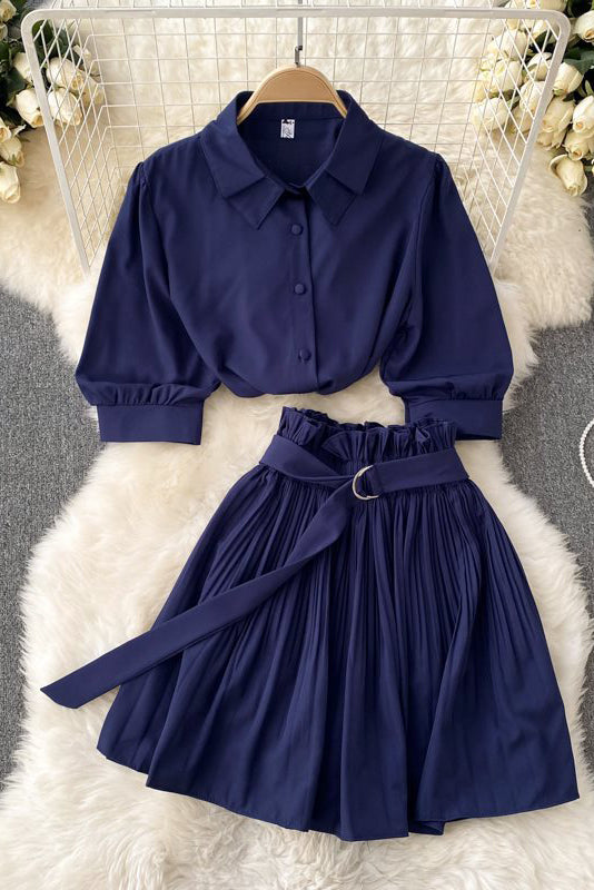 Fashion Women Short Sleeve Shirt Tops Pleated Skirt Set Two-Piece