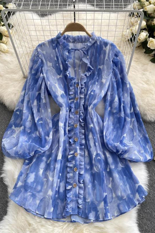 Sexy Women V-Neck Print Long Sleeve Buttons Mini Dress