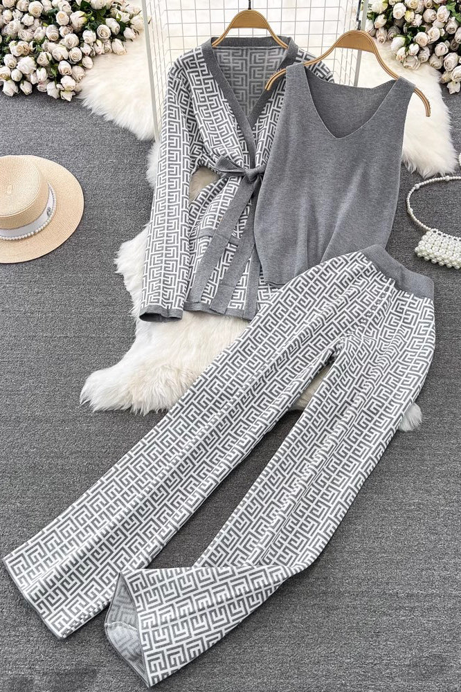 Fashion Women V-Neck Long Sleeve Strappy Coat V-Neck Vest Tank Top Pants Trousers Set Three-Piece