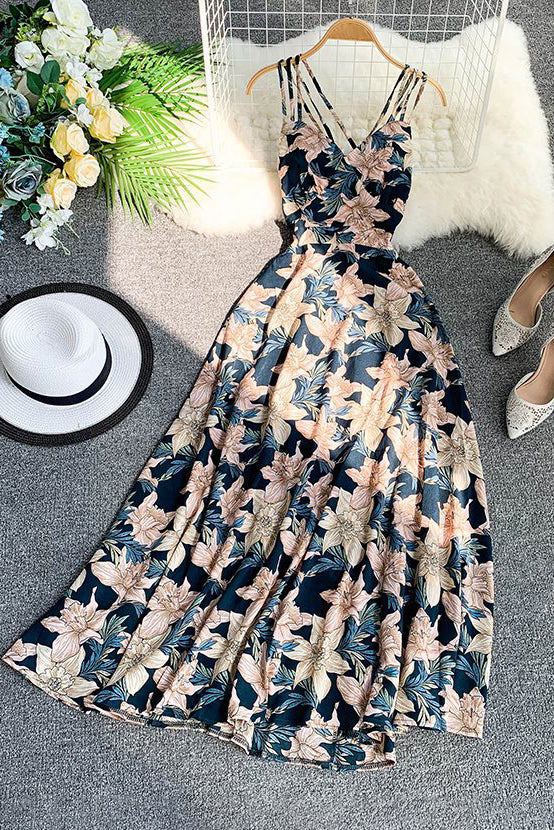 Sexy Women Backless Sleeveless Strap Floral Maxi Dress