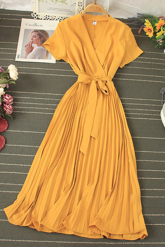 Fashion Women V-Neck Short Sleeve Strappy Pleated Maxi Dress