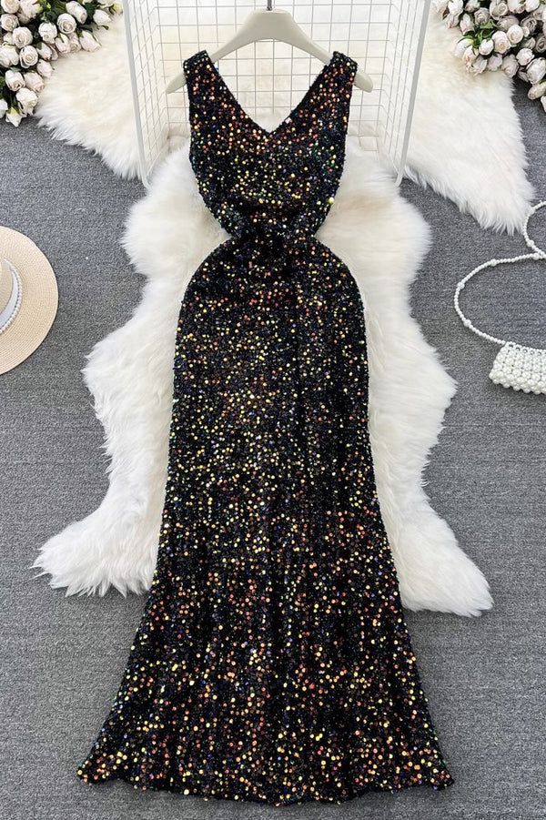 Fashion Women Sleeveless V-Neck Sequin Maxi Dress