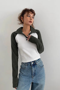 Women's Contrast Lapel Neck Sweatshirt Tops Shirt