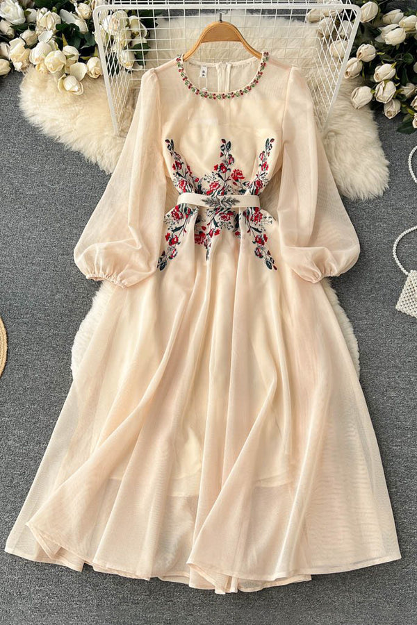 Fashion Women Embroidery Gauze Long Sleeve Maxi Dress