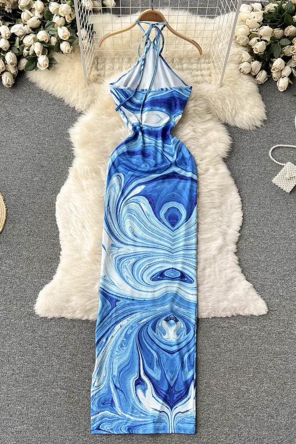 Sexy Women Halter Strappy Tie Dye Sleeveless Maxi Dress