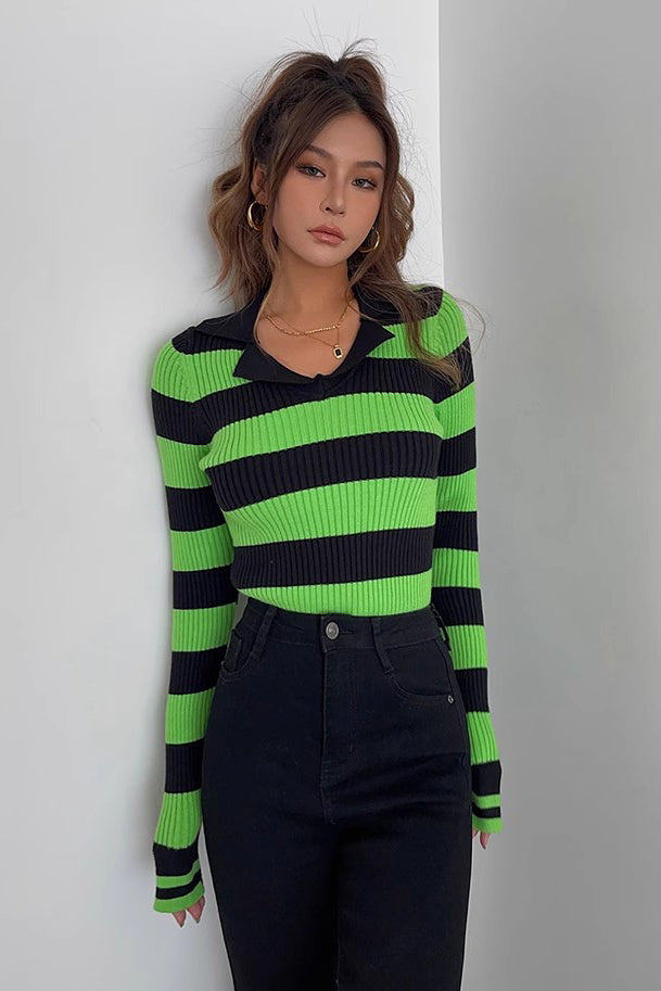 Striped Print Long Sleeve Rib-knit Sweater