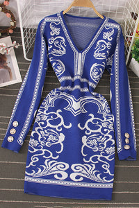 Fashion Women V-Neck Knit Long Sleeve Buttons Dress