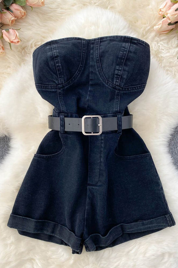 Fashion Women Strapless Denim Romper Jumpsuit