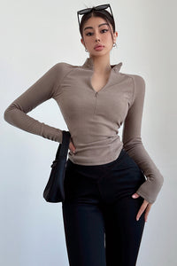 Casual Women Zip Lapel Long Sleeve Tops