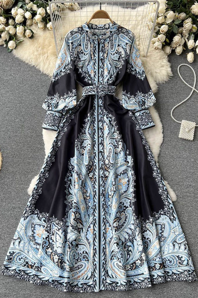 Retro Women Print Long Sleeve Buttons Maxi Dress