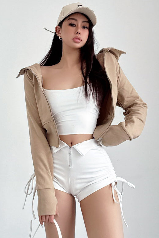 Casual Women Long Sleeve Zip Cardigan Crop Hooded Coat