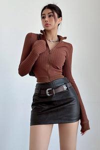 Casual Women Knit Zip Long Sleeve Crop Tops