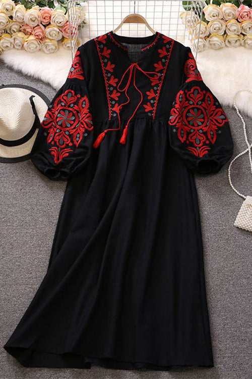 Boho Women Long Sleeve Embroidery Maxi Dress